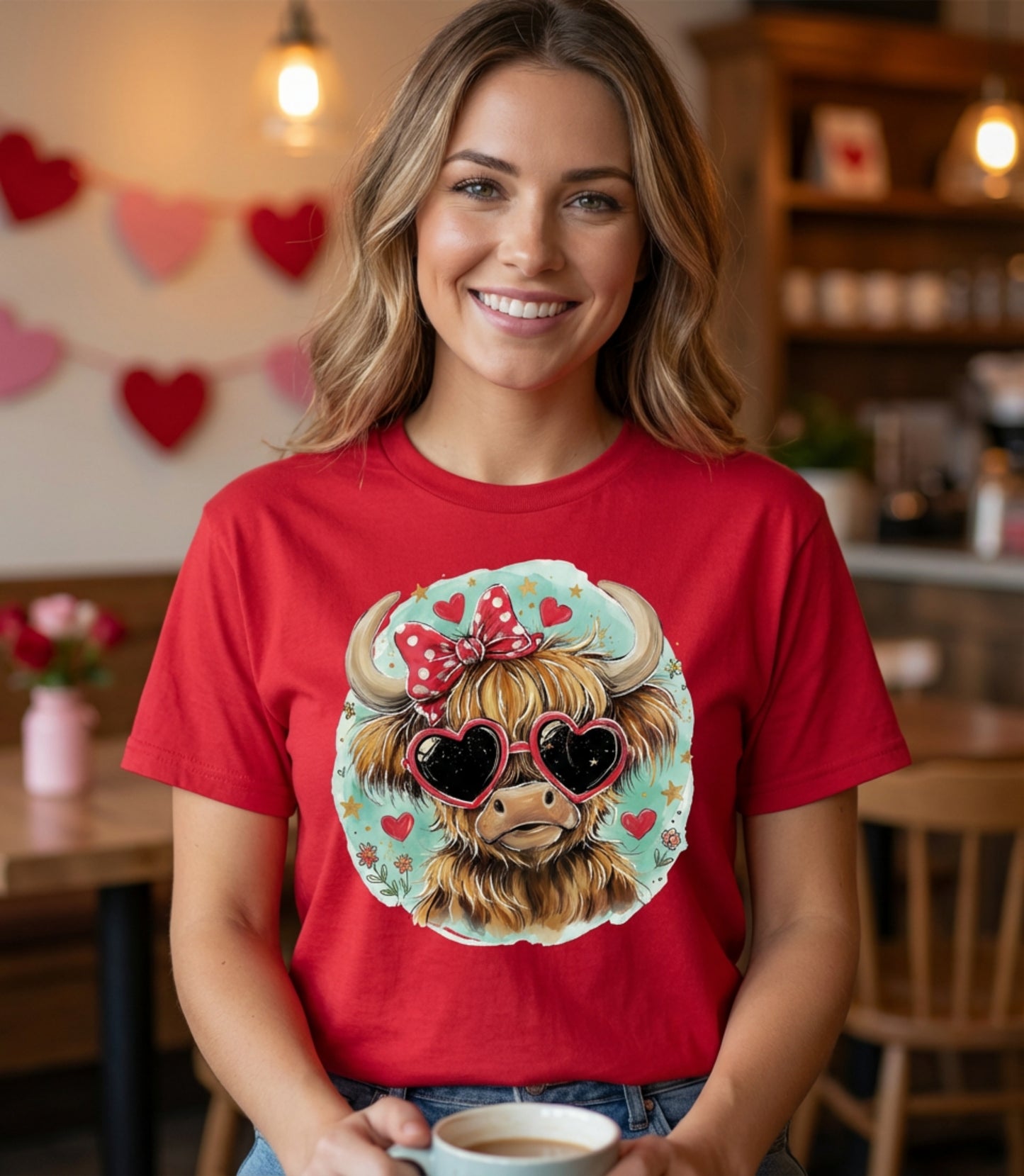 Highland Cow Valentine T-Shirt — Cute Heart Sunglasses Cow Graphic Tee