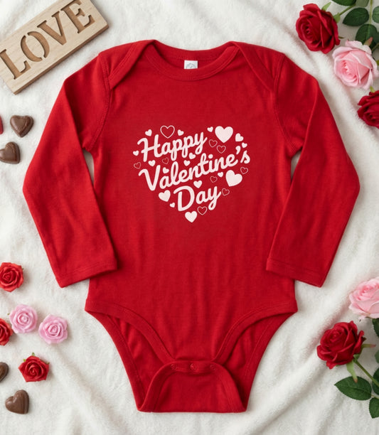 "Happy Valentine’s Day" Heart Long Sleeve Baby Onesie
