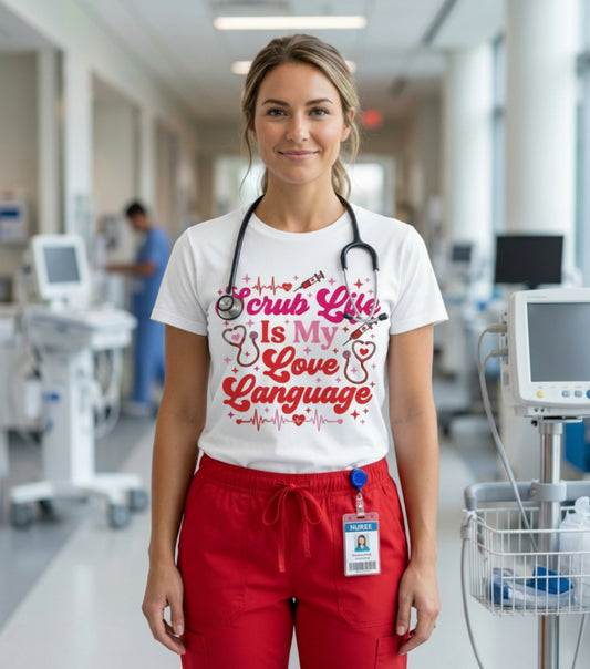Scrub Life Is My Love Language T-Shirt – Nurse/Healthcare Tee