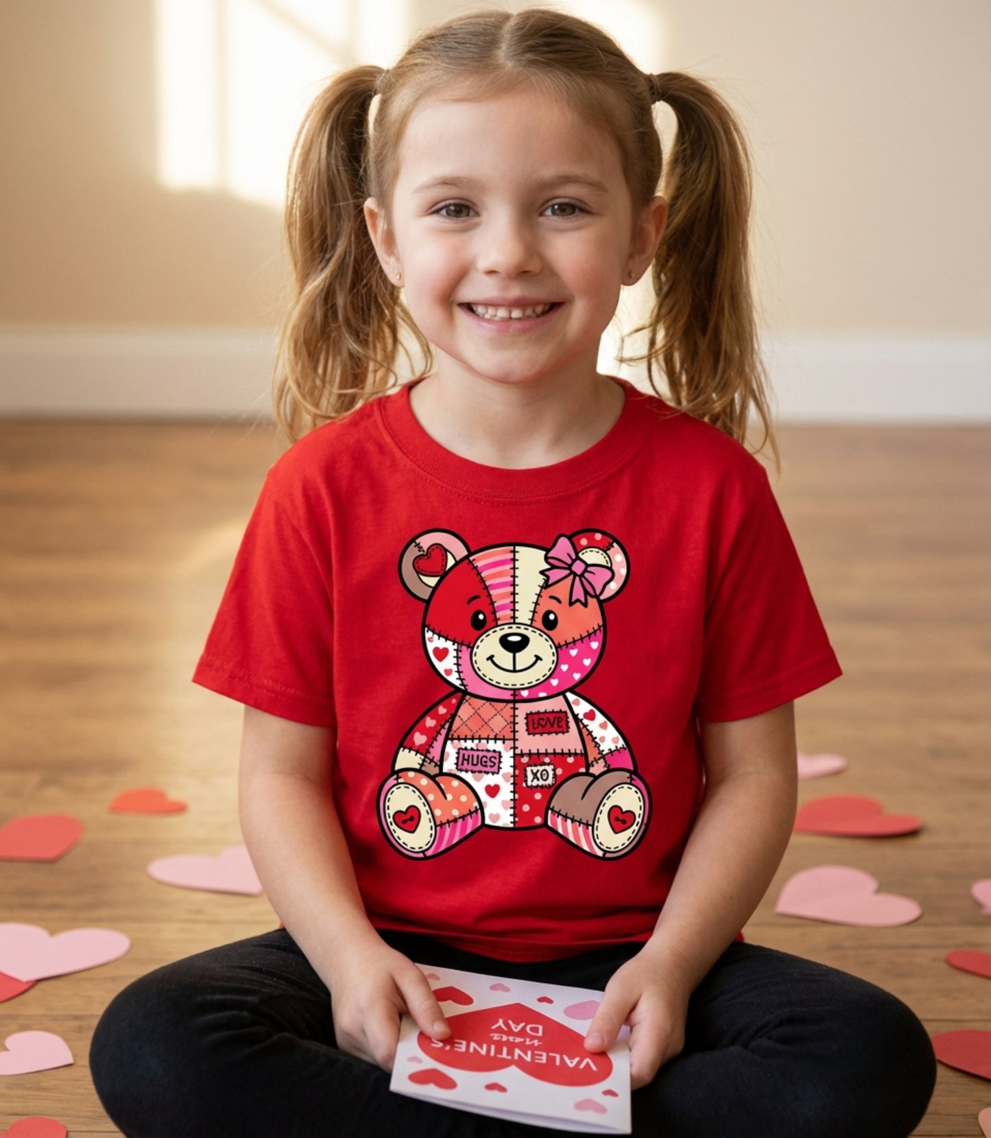 Kids Tee — Patchwork Valentine Teddy Bear Graphic