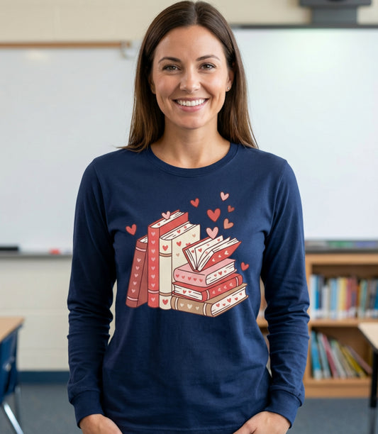 Book Lover Long Sleeve Tee — Cute Stacked Books with Hearts Graphic