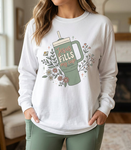 Long Sleeve T-Shirt — “Jesus Fills My Cup” Floral Coffee Mug Design