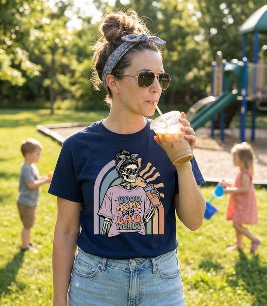 Funny Mom T-Shirt - "Good Moms Say Bad Words" Retro Skull Design