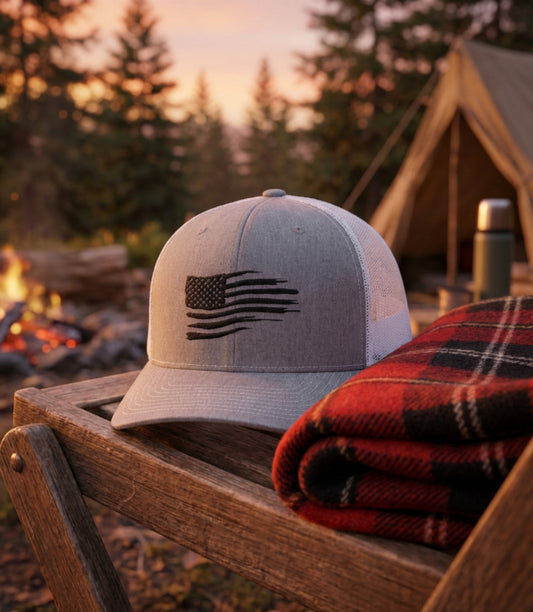 Distressed Black American Flag Embroidered Trucker Hat | Richardson 112