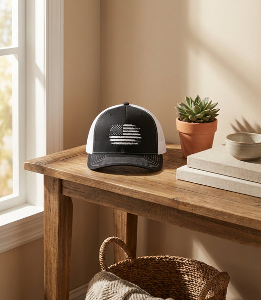 Distressed American Flag Embroidered Trucker Hat | Richardson 112