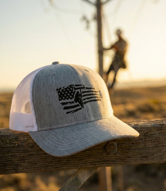 Black & White Trucker Hat with Distressed American Flag Embroidery