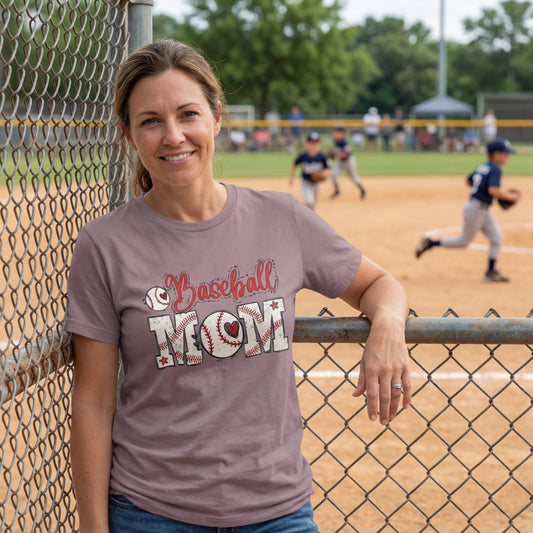 Baseball Mom T-Shirt – Vintage Baseball Script & Heart Stitching Design