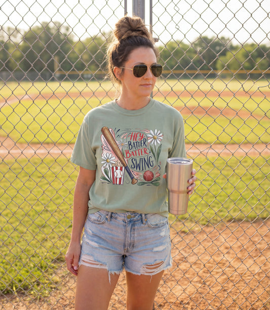 Hey Batter Batter Swing Baseball T-Shirt — Vintage Bat & Ball Graphic