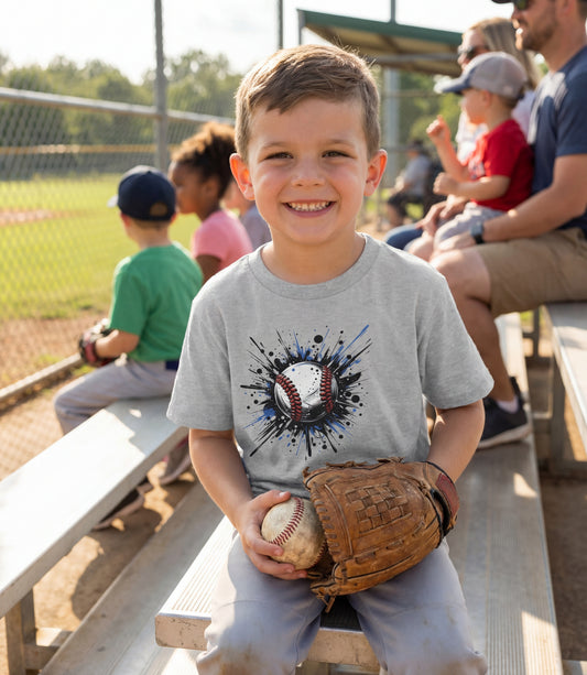 Kids Baseball Splash T‑Shirt — Watercolor Baseball Graphic Tee for Young Players