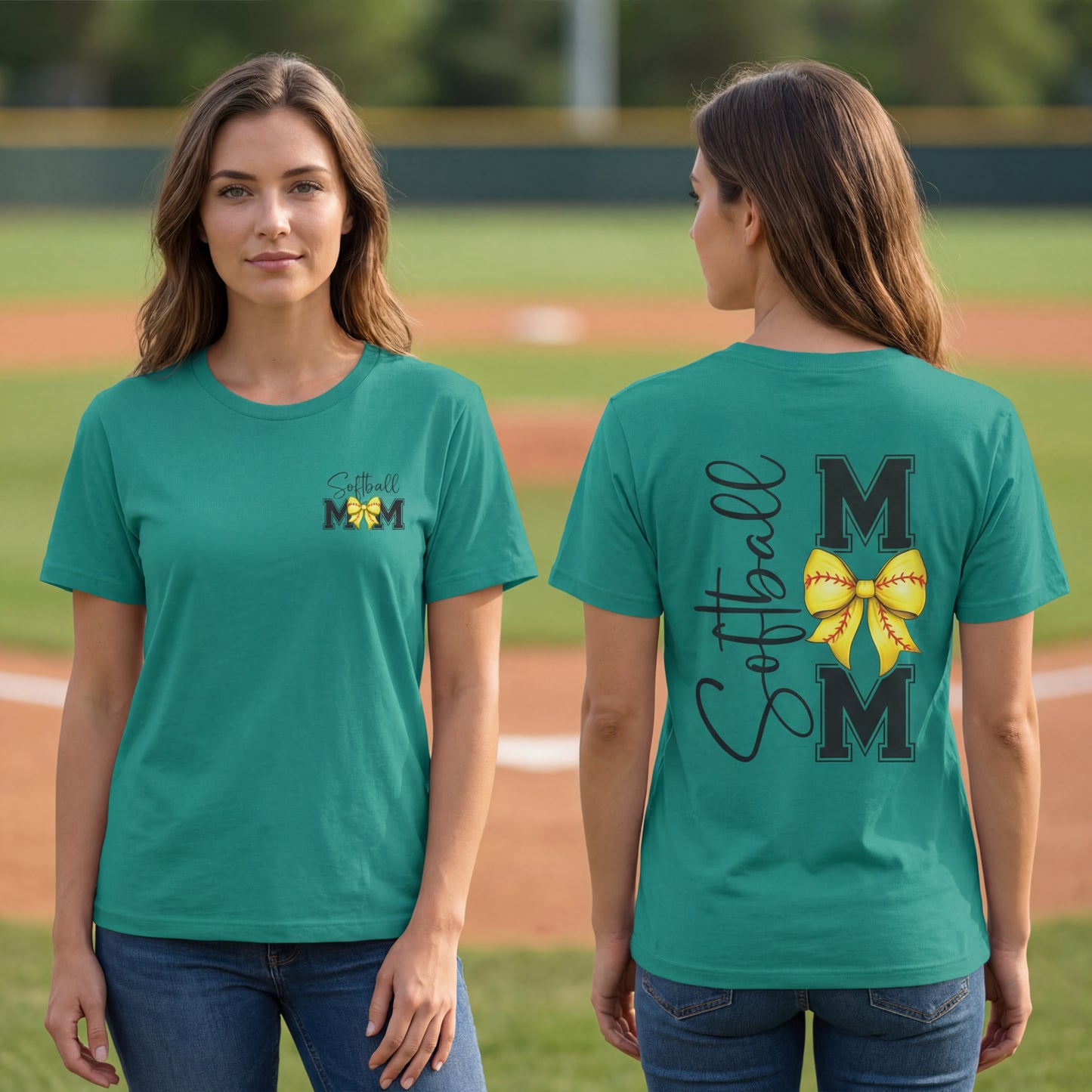 Softball Mom T-Shirt - 'Softball MOM' Graphic Tee with Yellow Softball Bow