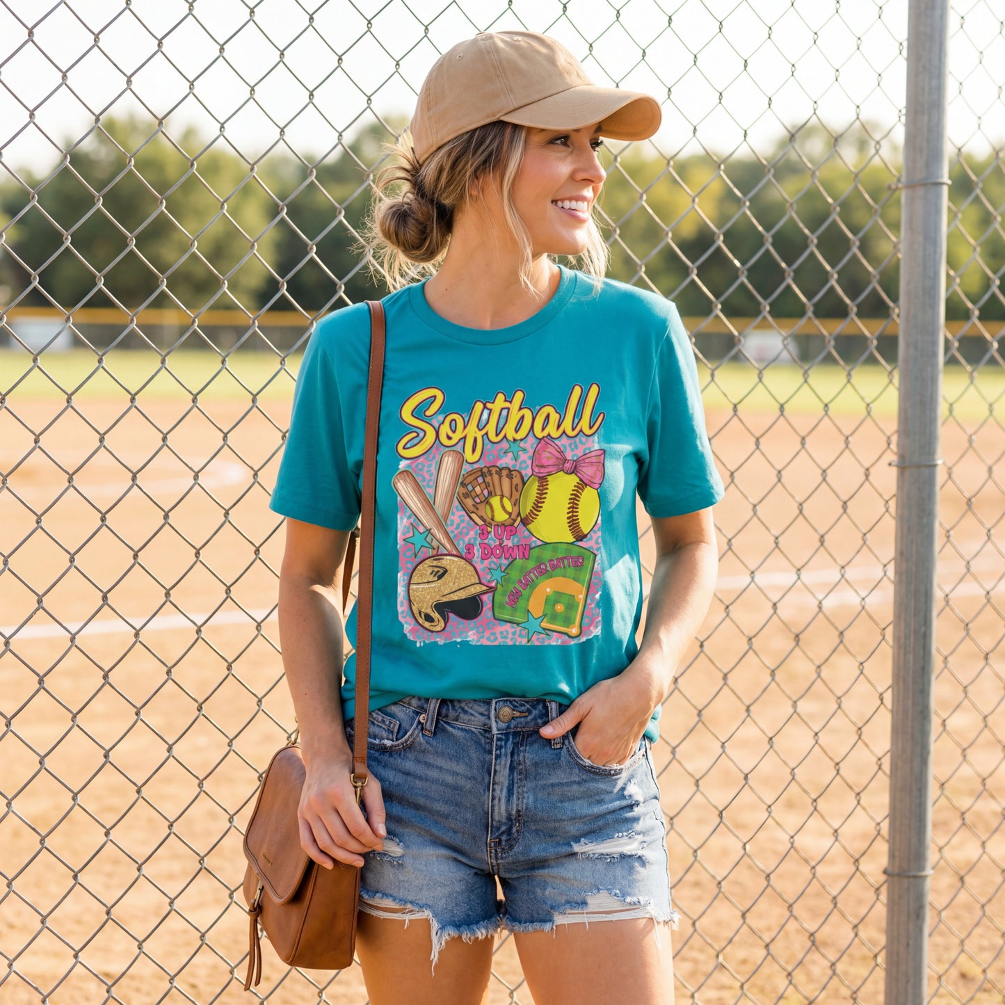 Softball Graphic T-Shirt — Cute Bat, Glove & Field Design