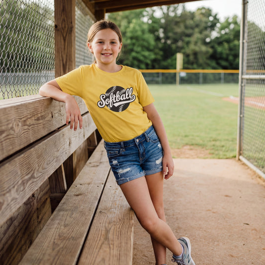 Kids Softball T‑Shirt — Retro Script Softball Tee for Young Players