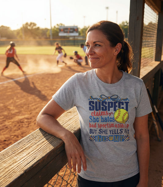 Softball Mom T-Shirt – “Suspect Claims She Hates Bad Sportsmanship But She Yells at the Ump”
