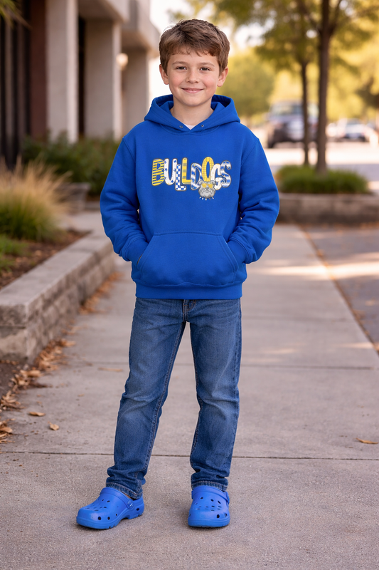 Bulldogs Youth Hoodie — Cute Mascot Lettering Kids School Spirit Sweatshirt