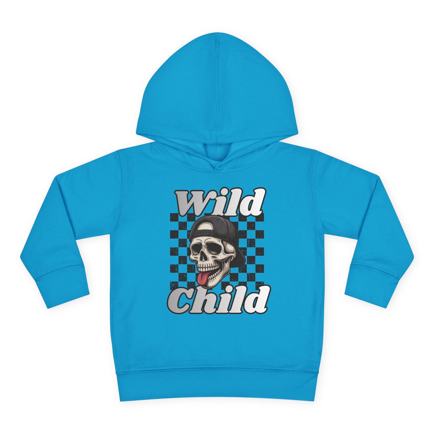 Kids Pullover Fleece Hoodie - Toddler Wild Child Tongue-Out Skull and Checkerboard Design