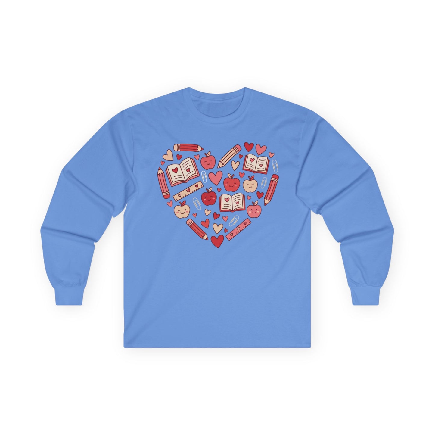 Teacher Heart Long Sleeve Tee — Cute School Icons Heart Design (Apples, Books, Pencils)