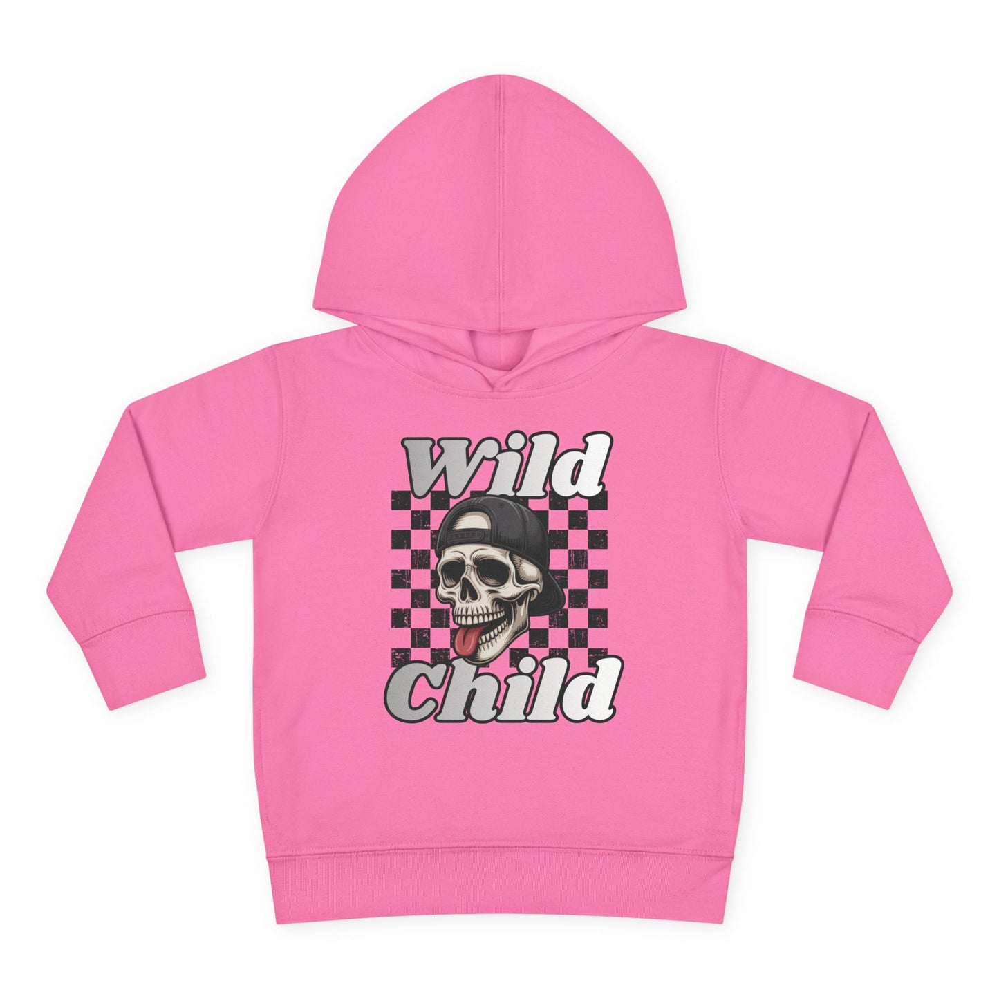 Kids Pullover Fleece Hoodie - Toddler Wild Child Tongue-Out Skull and Checkerboard Design