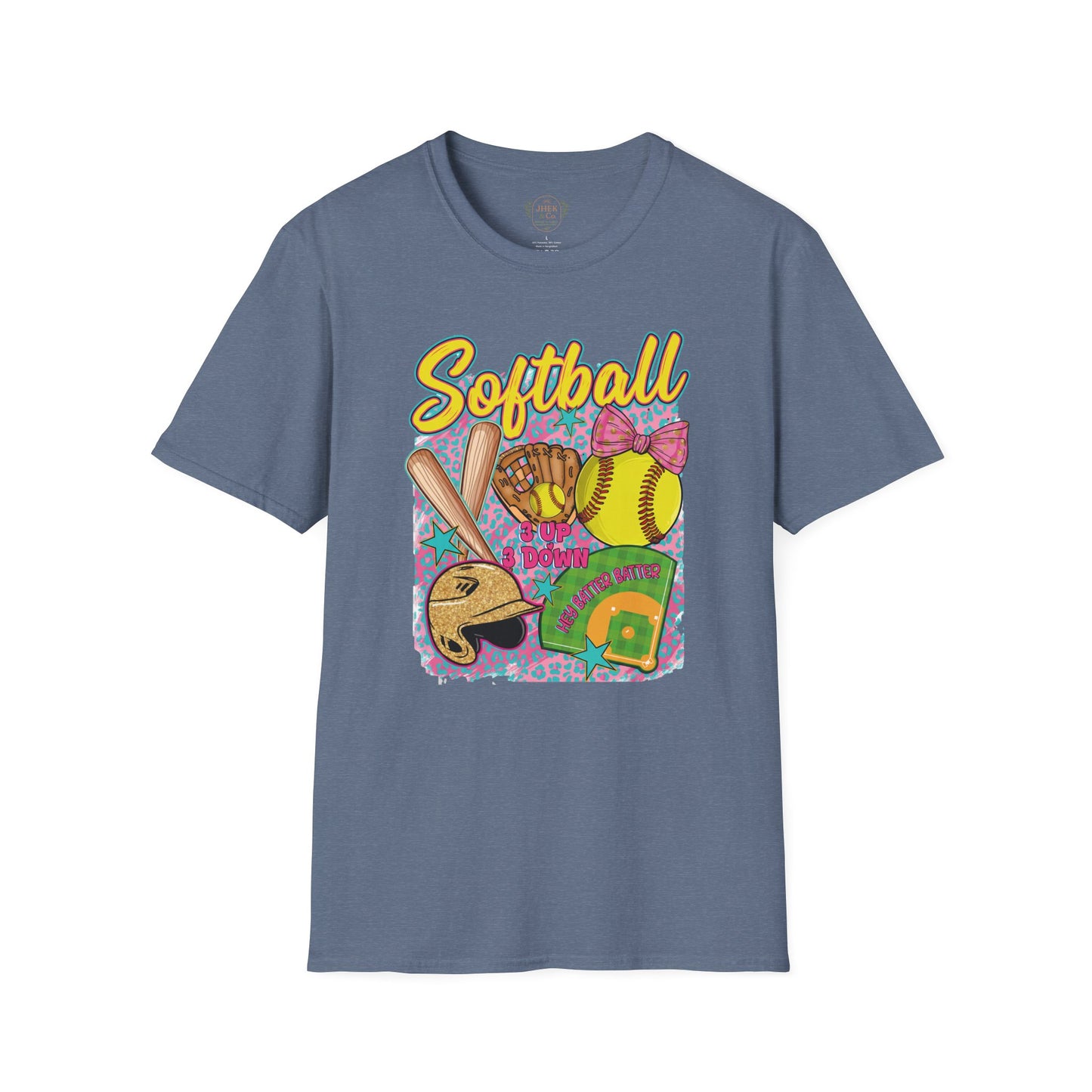 Softball Graphic T-Shirt — Cute Bat, Glove & Field Design