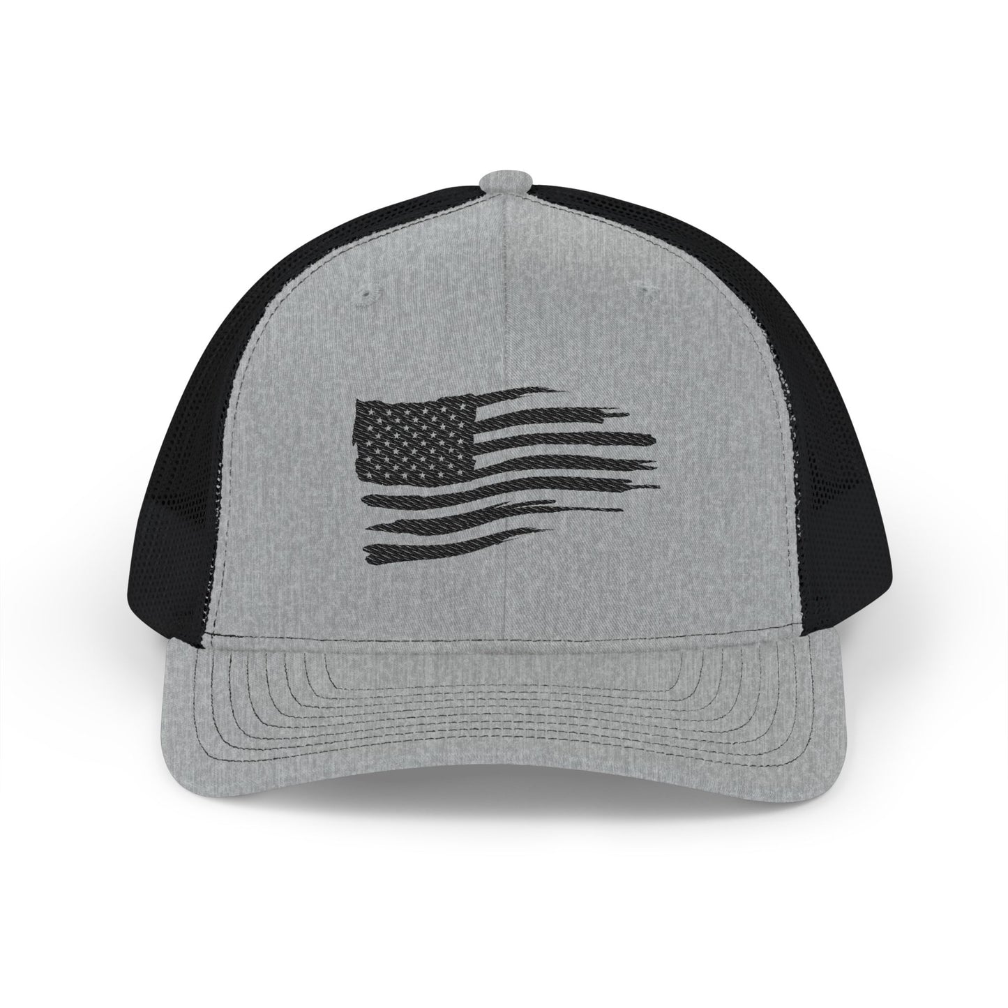 Distressed Black American Flag Embroidered Trucker Hat | Richardson 112