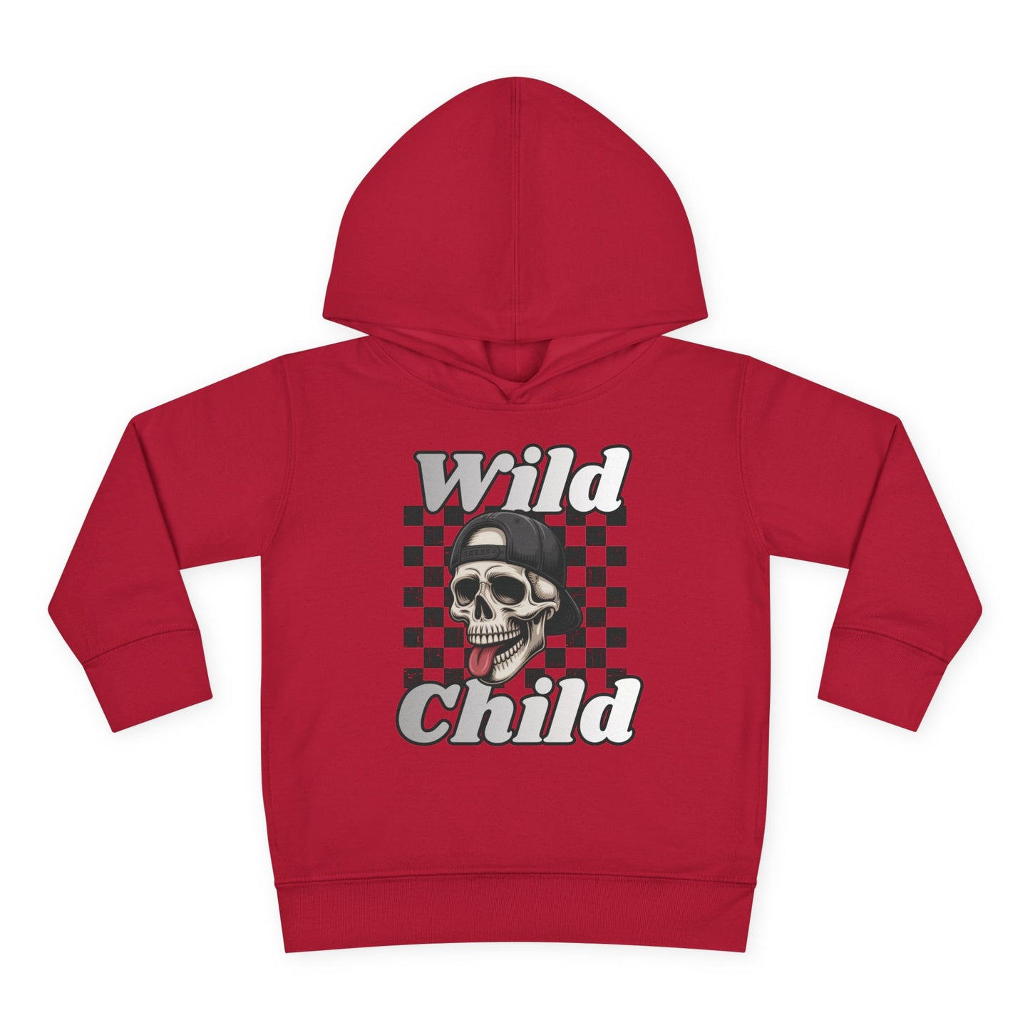 Kids Pullover Fleece Hoodie - Toddler Wild Child Tongue-Out Skull and Checkerboard Design