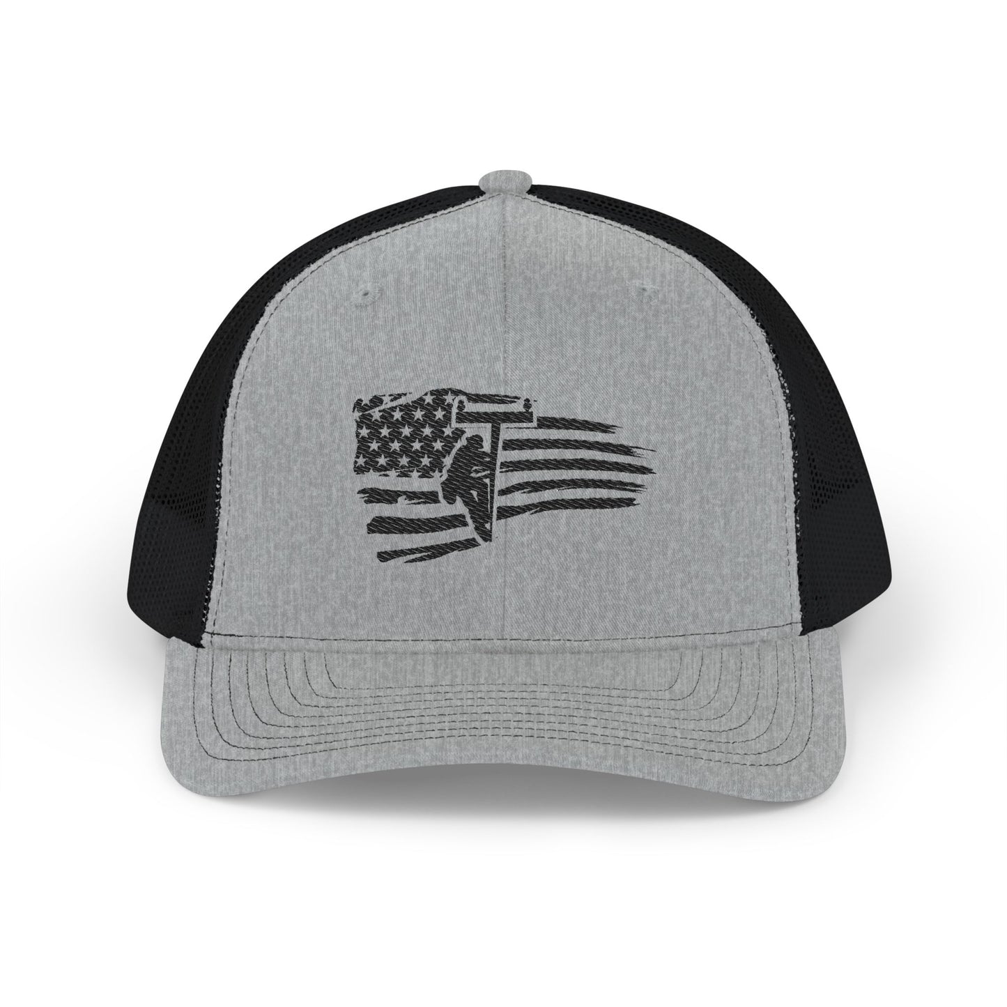 Black & White Trucker Hat with Distressed American Flag Embroidery