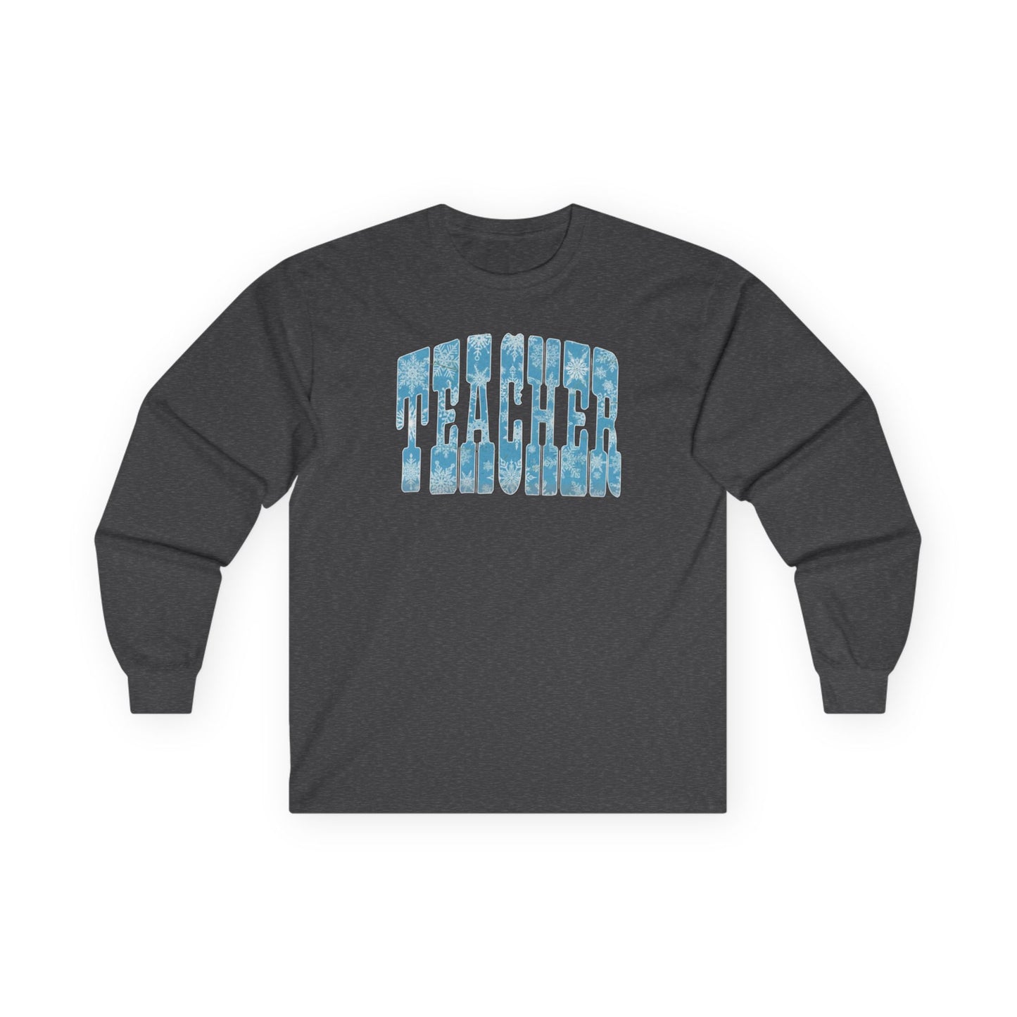 Long Sleeve Tee — "Teacher" Blue Snowflake Typography