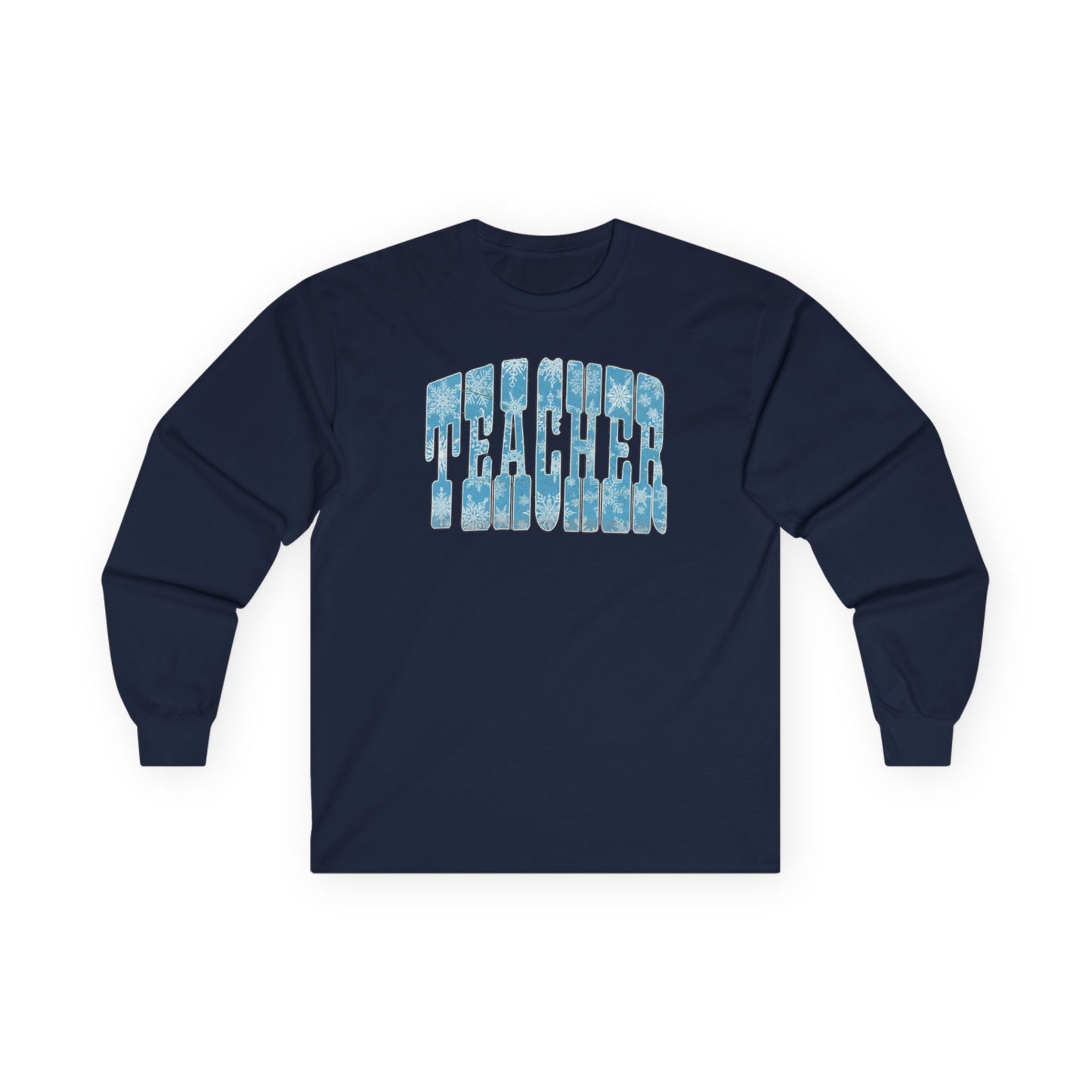 Long Sleeve Tee — "Teacher" Blue Snowflake Typography