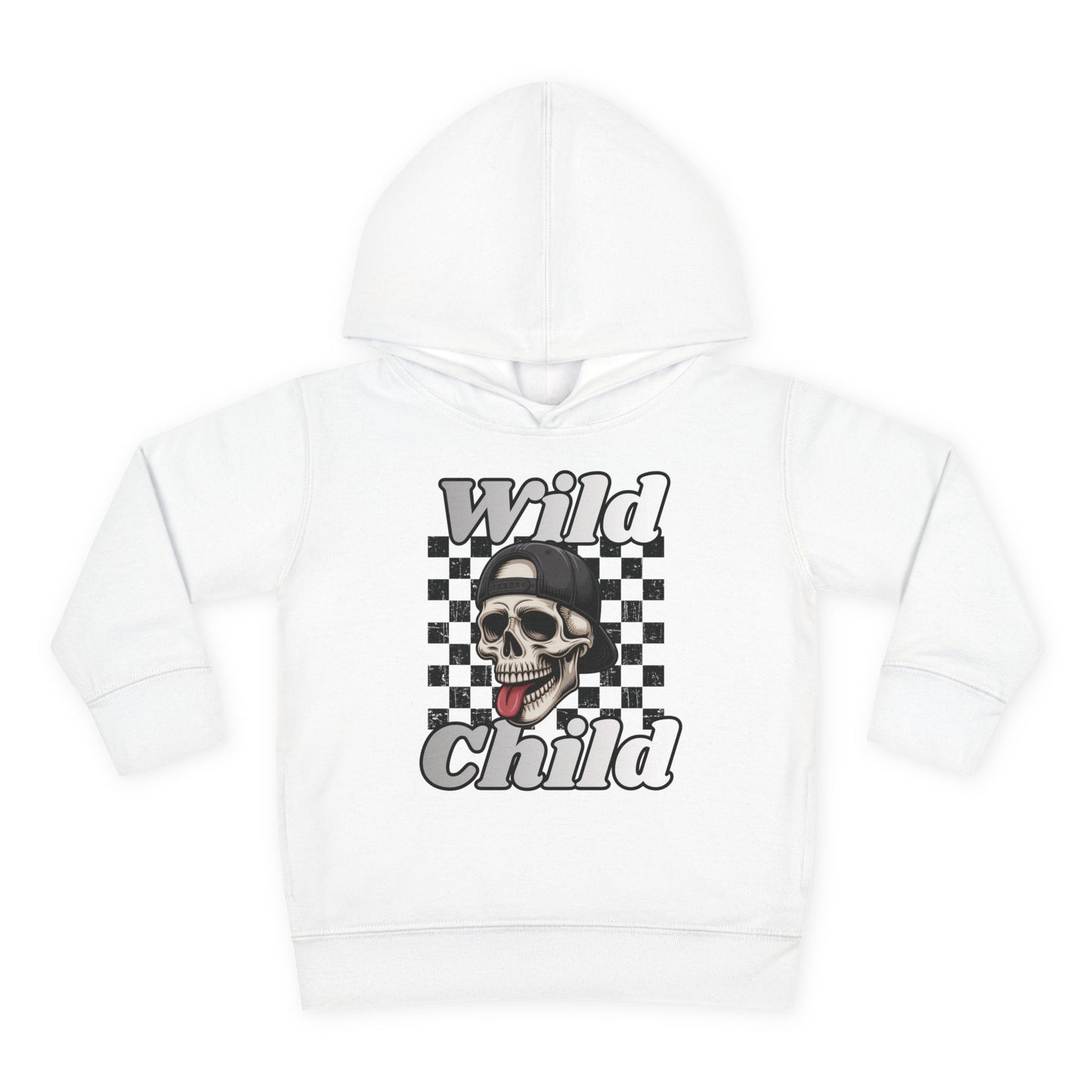 Kids Pullover Fleece Hoodie - Toddler Wild Child Tongue-Out Skull and Checkerboard Design