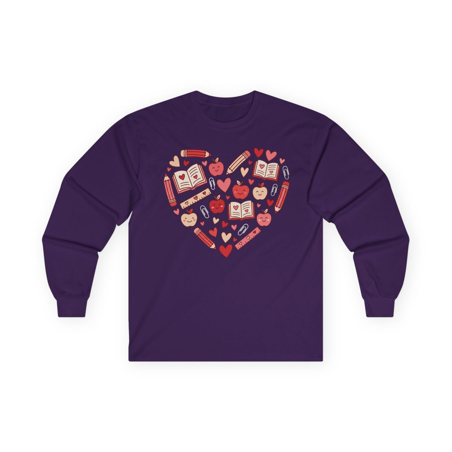 Teacher Heart Long Sleeve Tee — Cute School Icons Heart Design (Apples, Books, Pencils)