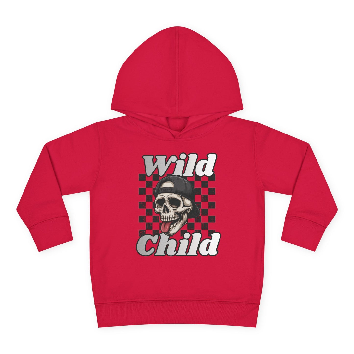 Kids Pullover Fleece Hoodie - Toddler Wild Child Tongue-Out Skull and Checkerboard Design