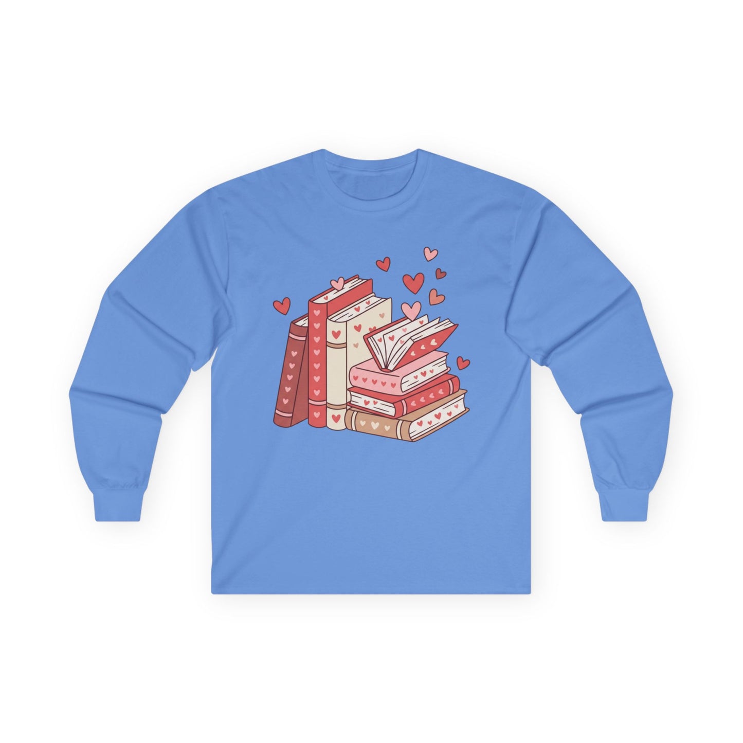 Book Lover Long Sleeve Tee — Cute Stacked Books with Hearts Graphic