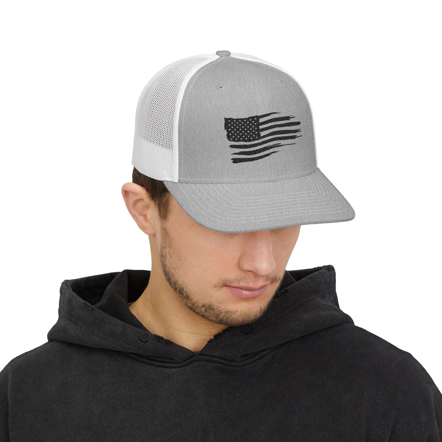 Distressed Black American Flag Embroidered Trucker Hat | Richardson 112