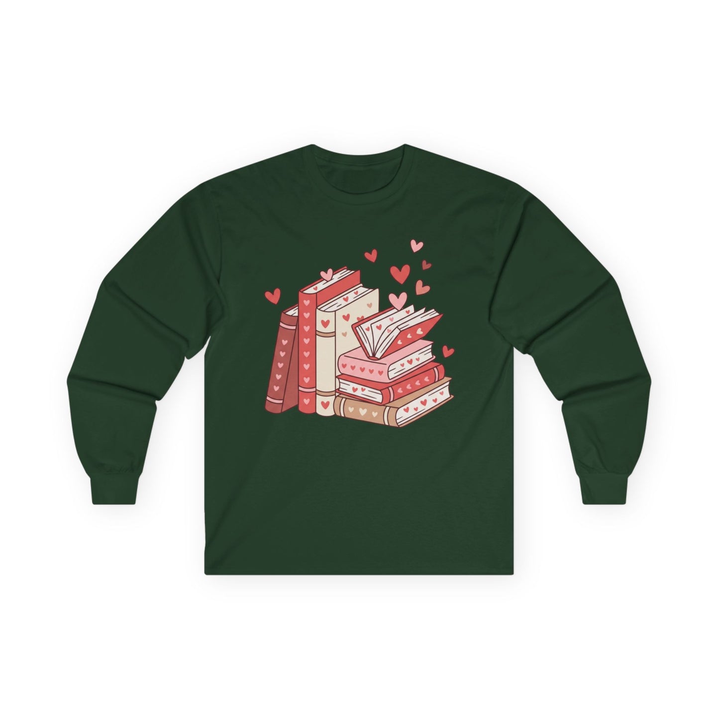 Book Lover Long Sleeve Tee — Cute Stacked Books with Hearts Graphic