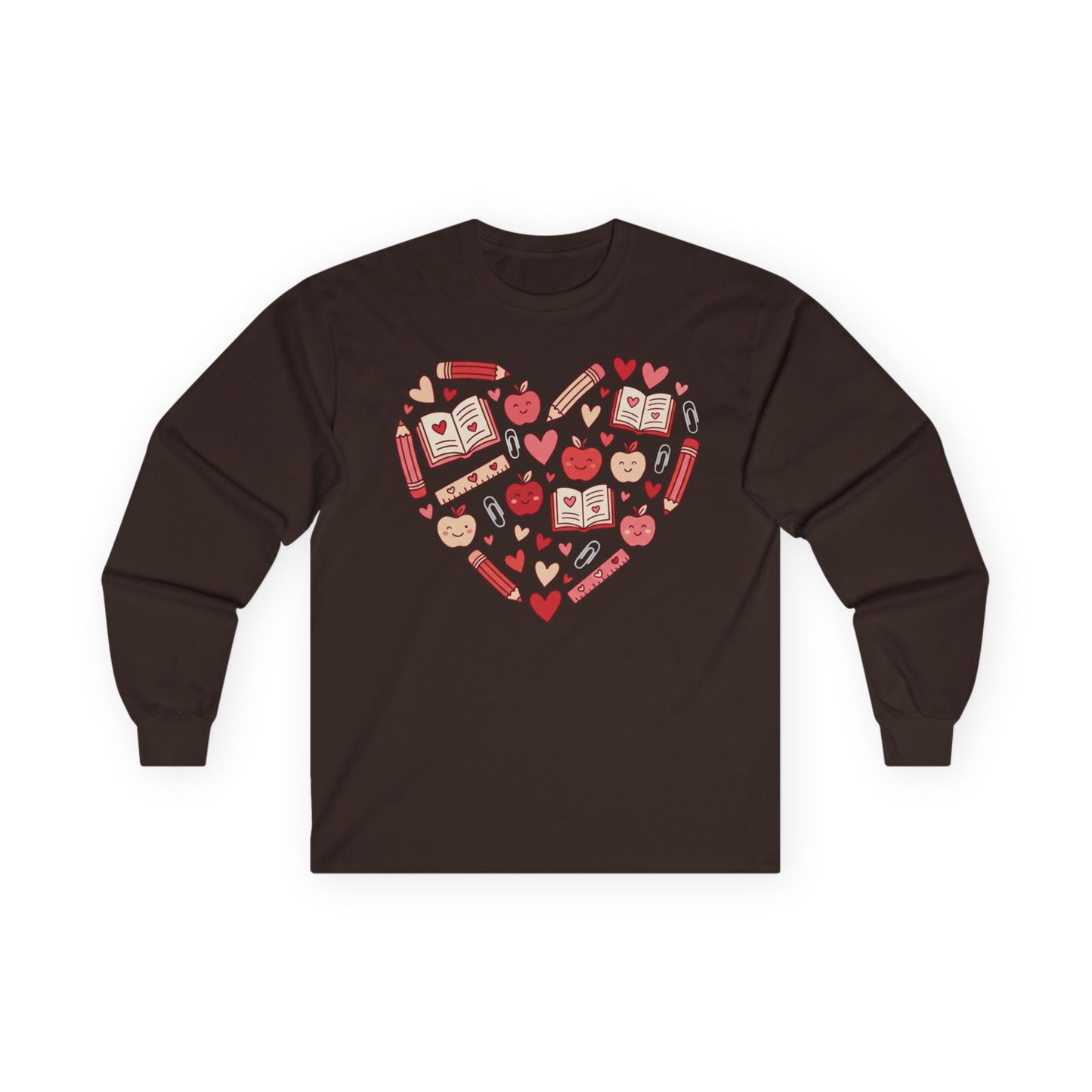 Teacher Heart Long Sleeve Tee — Cute School Icons Heart Design (Apples, Books, Pencils)
