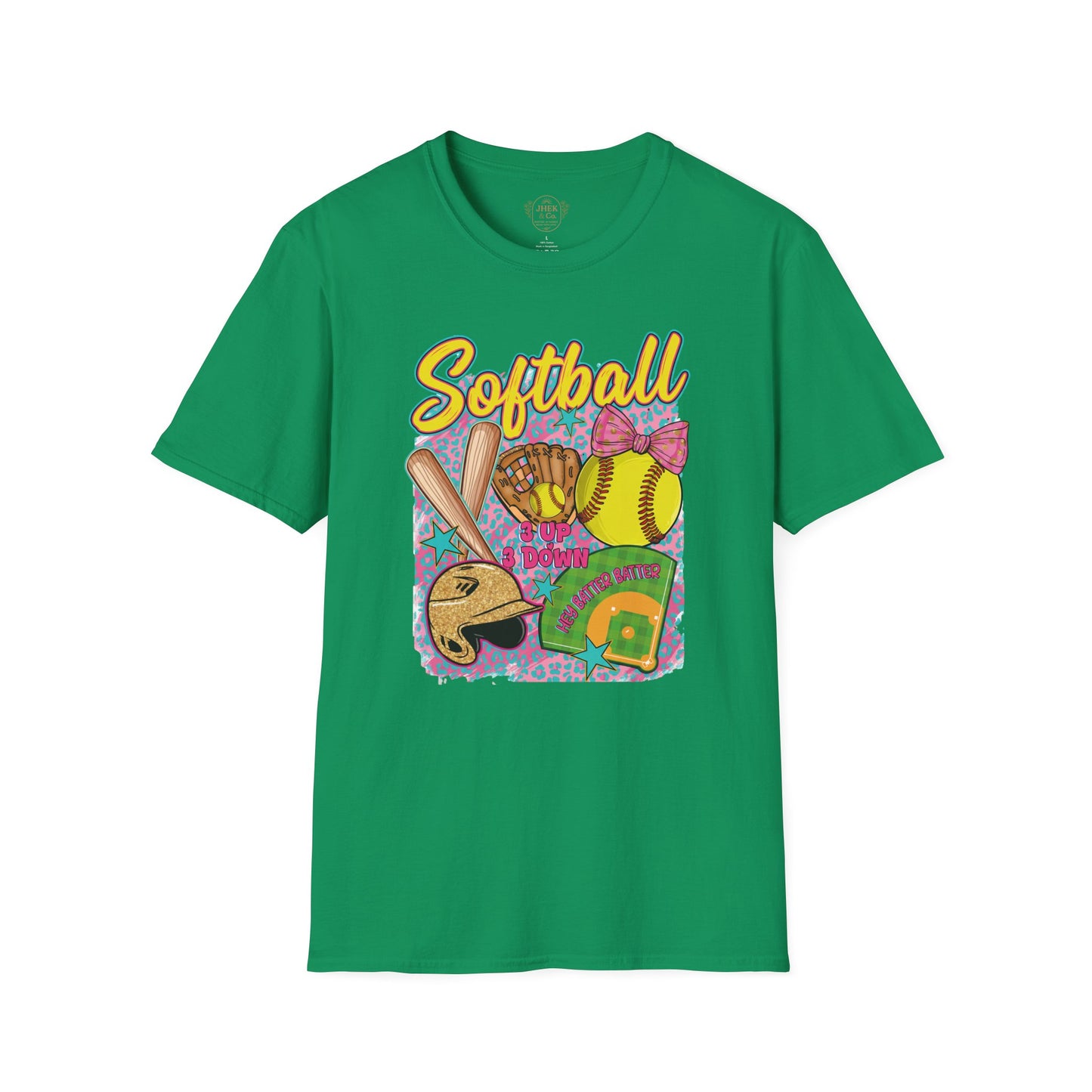Softball Graphic T-Shirt — Cute Bat, Glove & Field Design