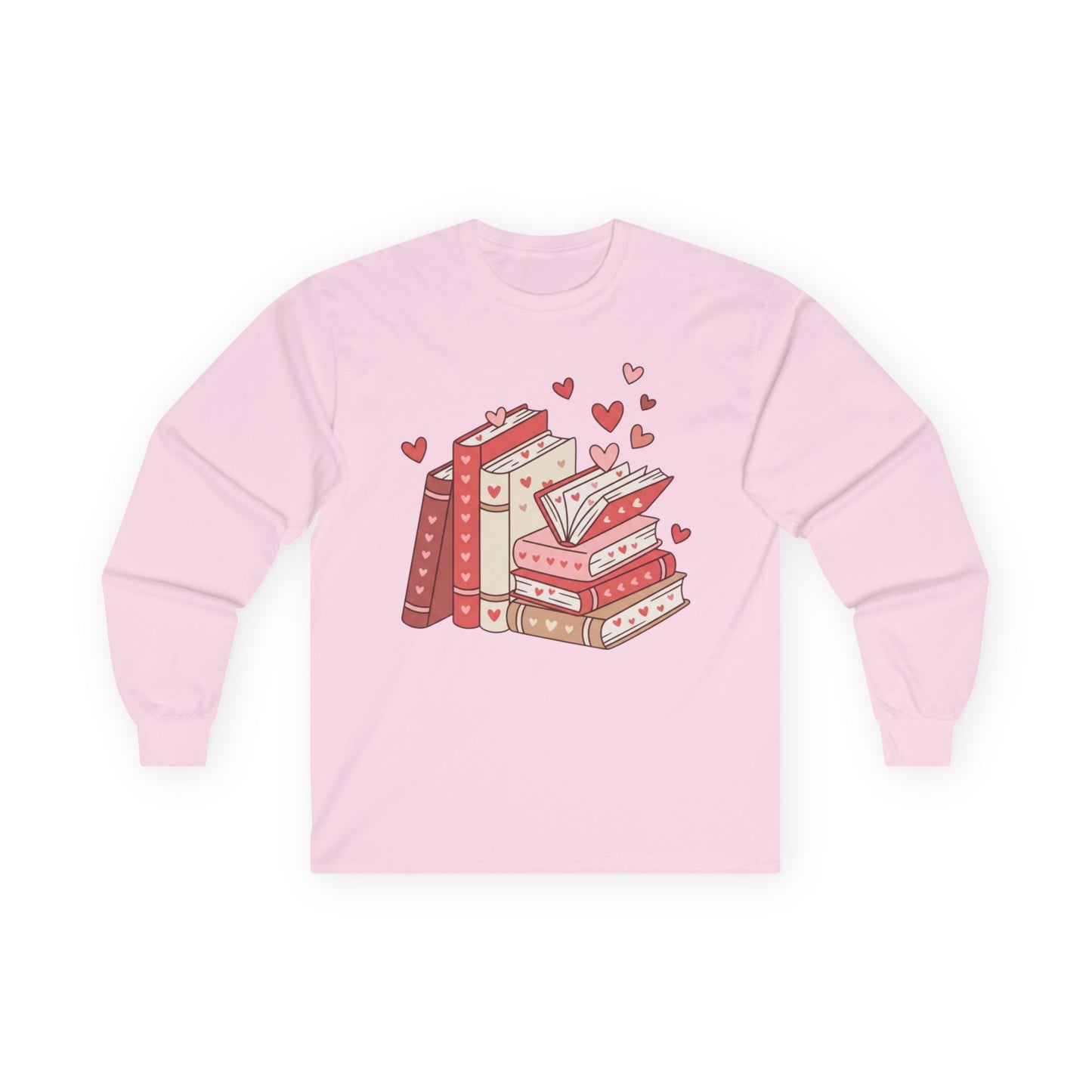 Book Lover Long Sleeve Tee — Cute Stacked Books with Hearts Graphic