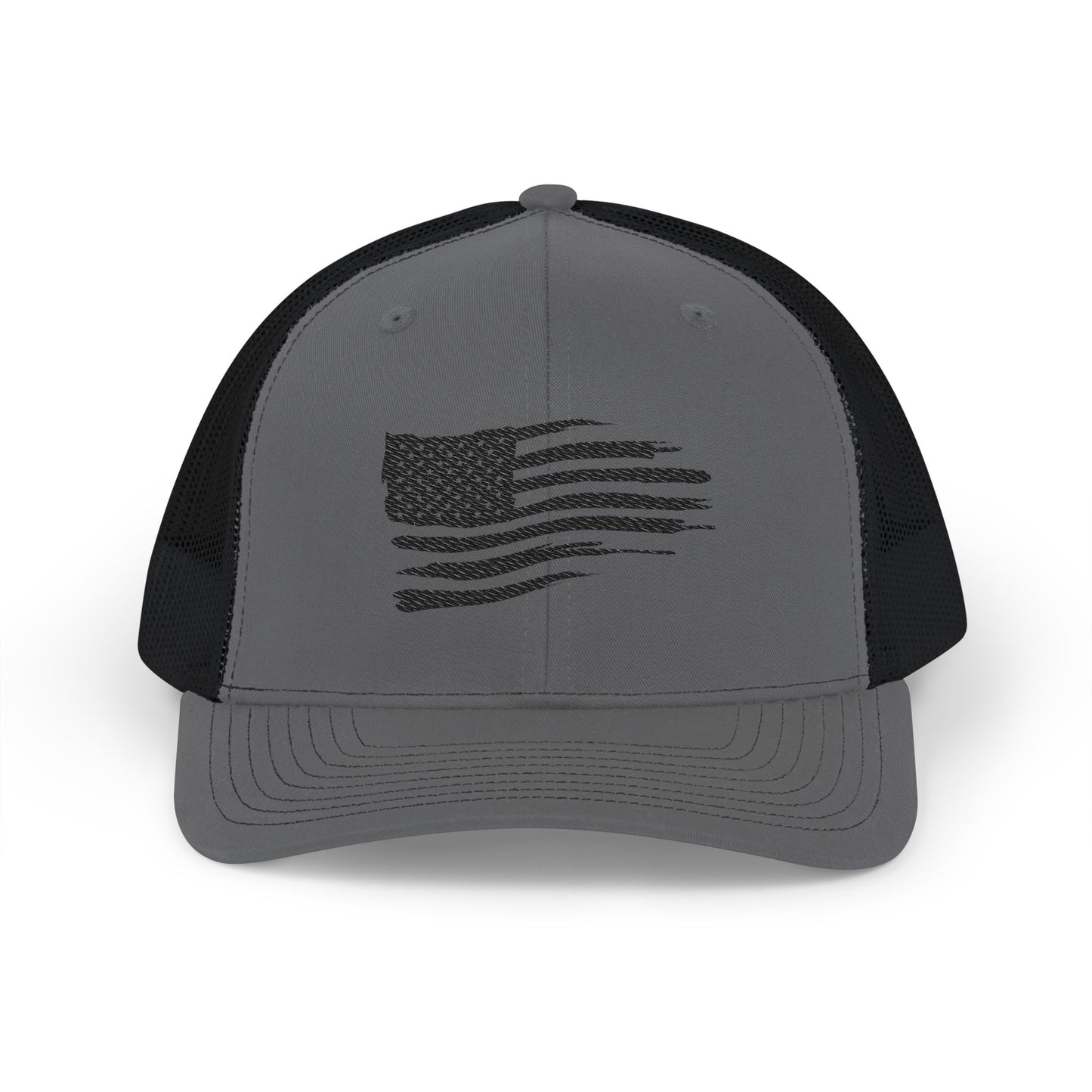 Distressed Black American Flag Embroidered Trucker Hat | Richardson 112