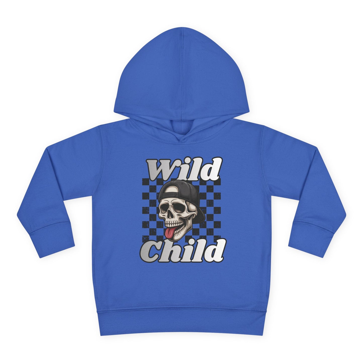 Kids Pullover Fleece Hoodie - Toddler Wild Child Tongue-Out Skull and Checkerboard Design