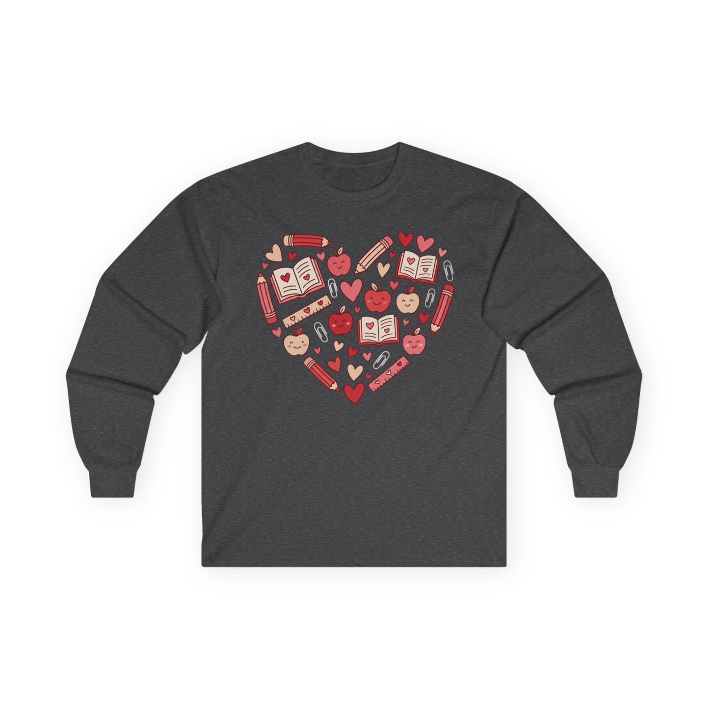 Teacher Heart Long Sleeve Tee — Cute School Icons Heart Design (Apples, Books, Pencils)