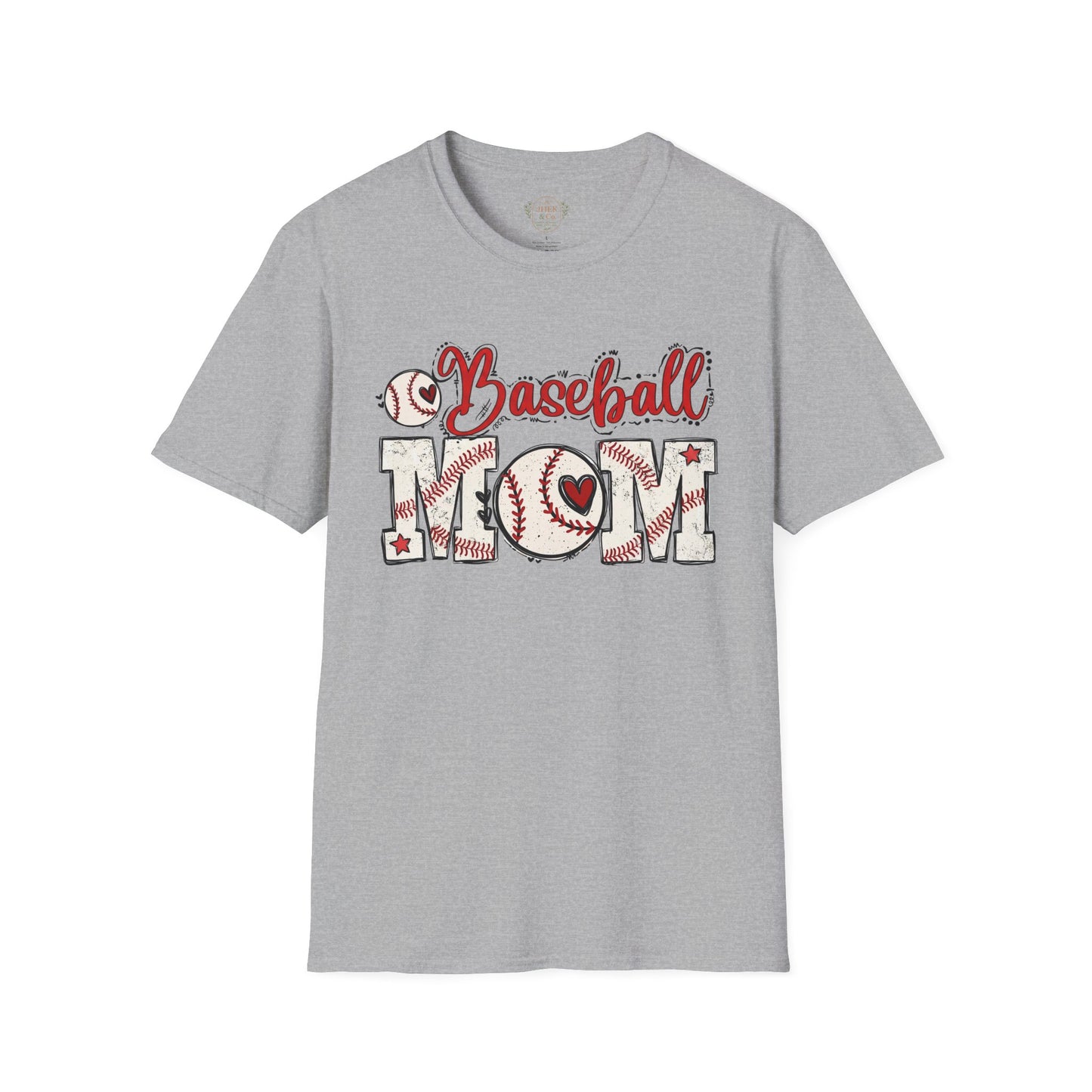 Baseball Mom T-Shirt – Vintage Baseball Script & Heart Stitching Design