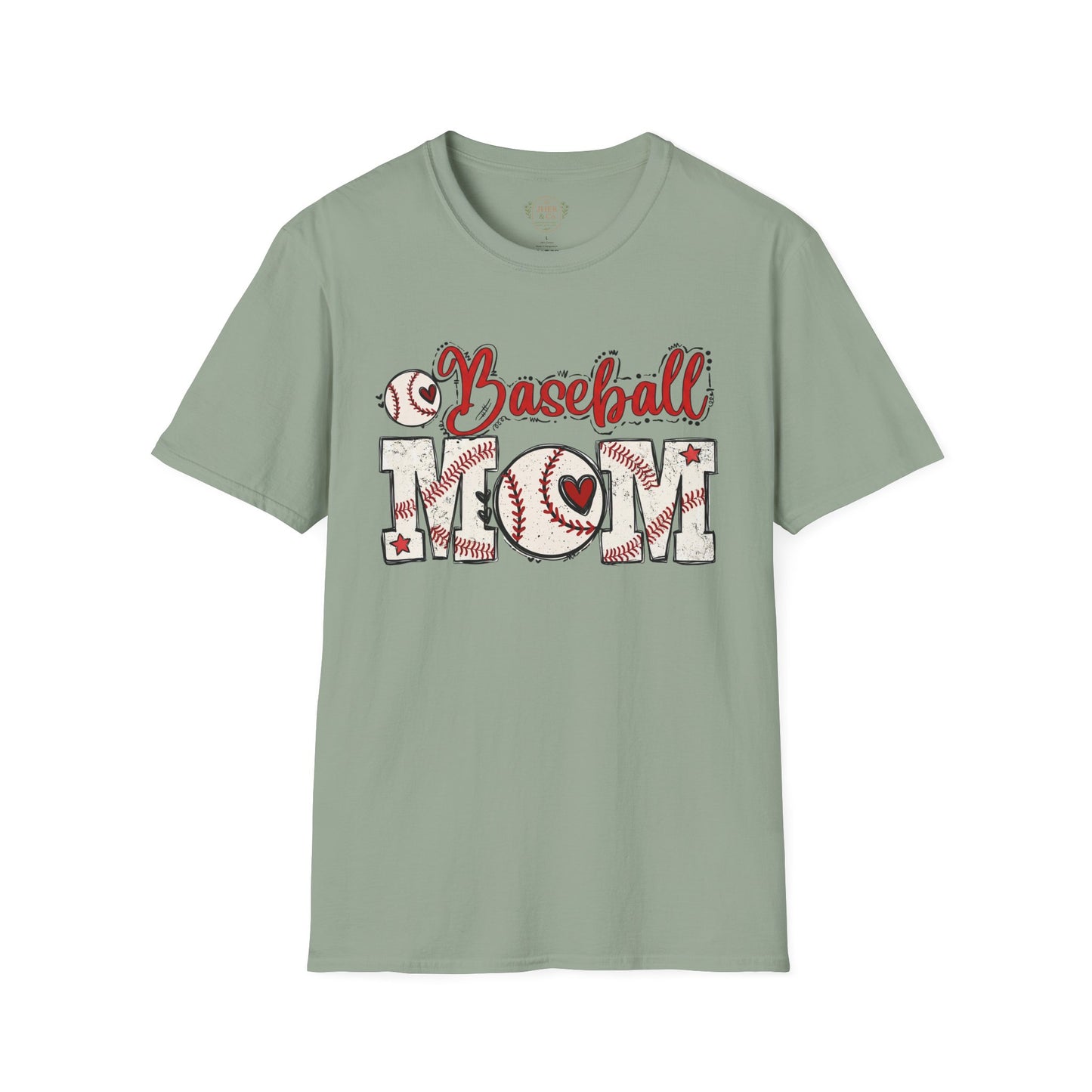Baseball Mom T-Shirt – Vintage Baseball Script & Heart Stitching Design