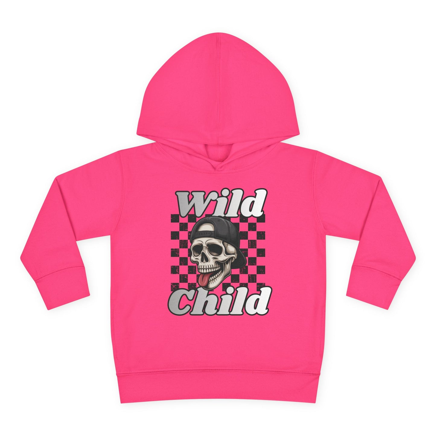 Kids Pullover Fleece Hoodie - Toddler Wild Child Tongue-Out Skull and Checkerboard Design