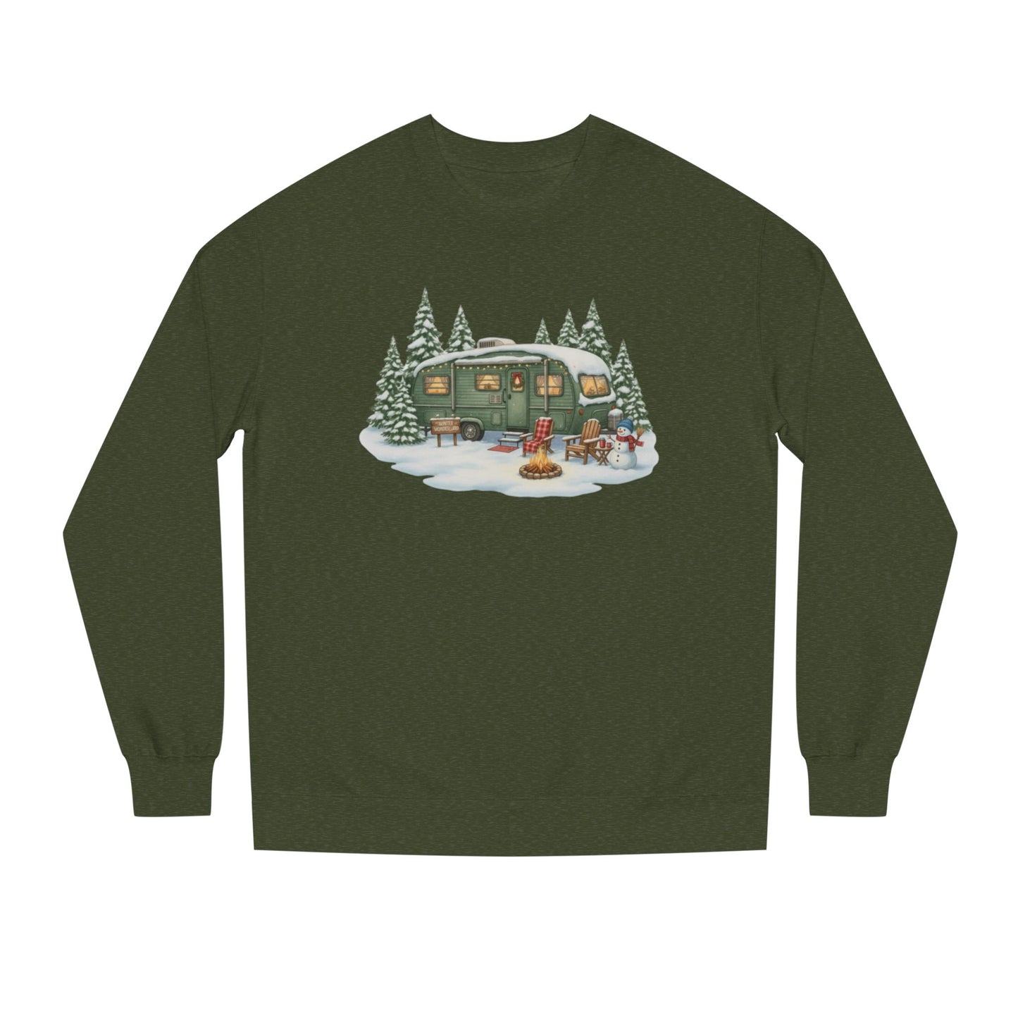Cozy Winter Camper Sweatshirt — Vintage Trailer Campfire Holiday Crewneck