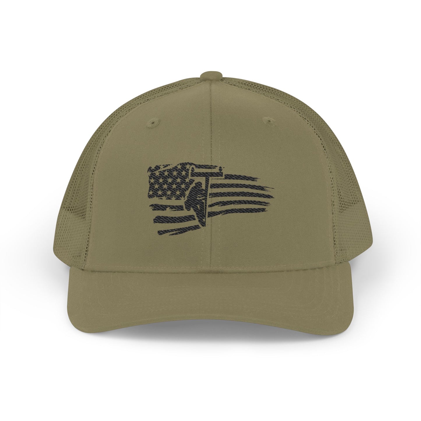 Black & White Trucker Hat with Distressed American Flag Embroidery